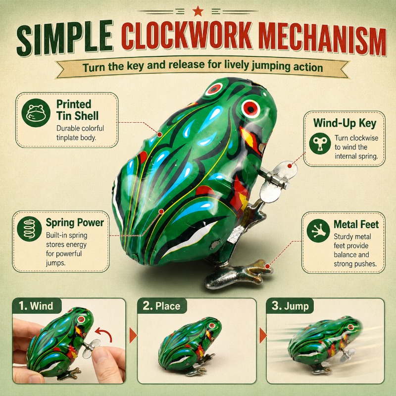 Vintage Collectibles Toys - Katak Kaleng Mekanis Putar dengan Pegas