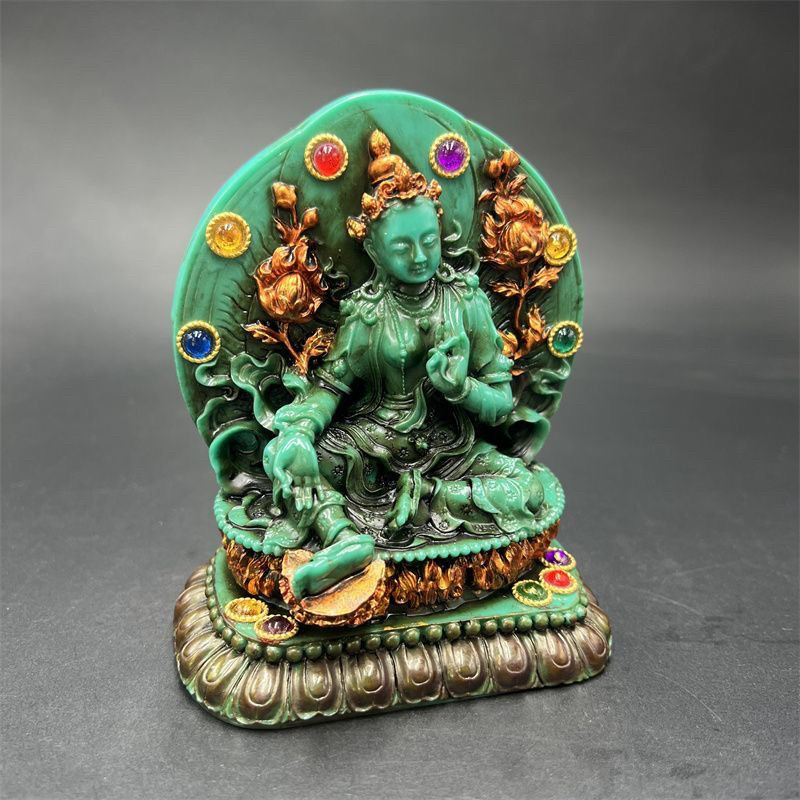 Vintage Collectible Ornaments - Patung Tara Hijau Antik Tibet Bertatahkan